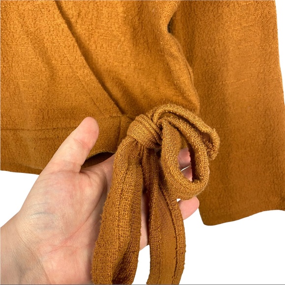 Madewell Texture & Thread Faux Wrap Tie Waist V Neck Bell Sleeve Top Burnt Cedar - Picture 8 of 12
